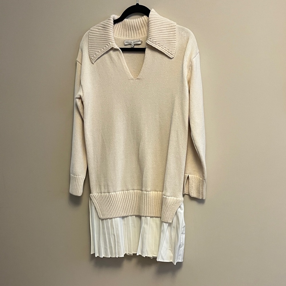 English Factory Cream V-Neck Sweater with Pleated Hem